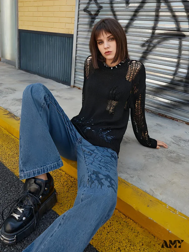 Knitted Hole Street Style Solid Color Loose Design Breathable Sweater - Image 4
