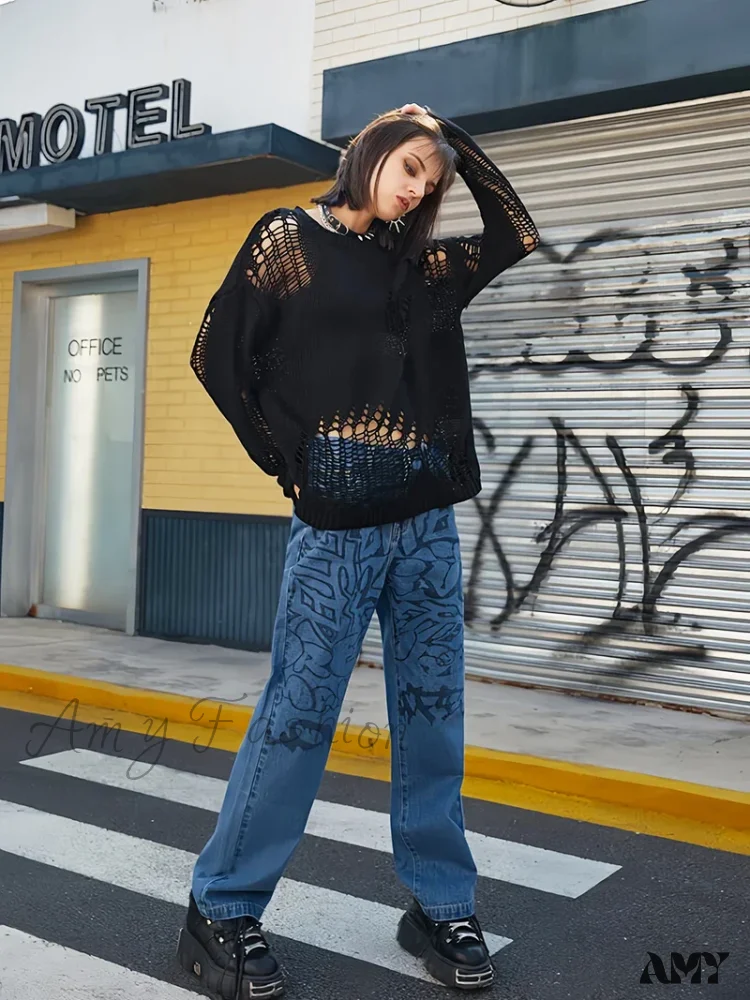 Knitted Hole Street Style Solid Color Loose Design Breathable Sweater - Image 5