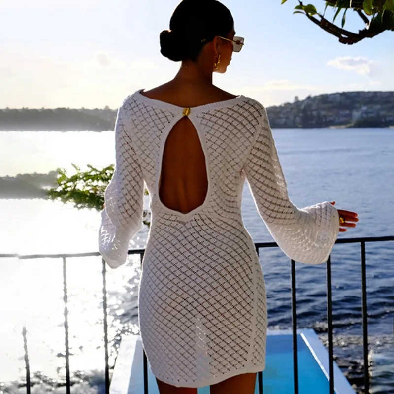 Knitted Hollow Backless Beach Mini Dress - Image 2