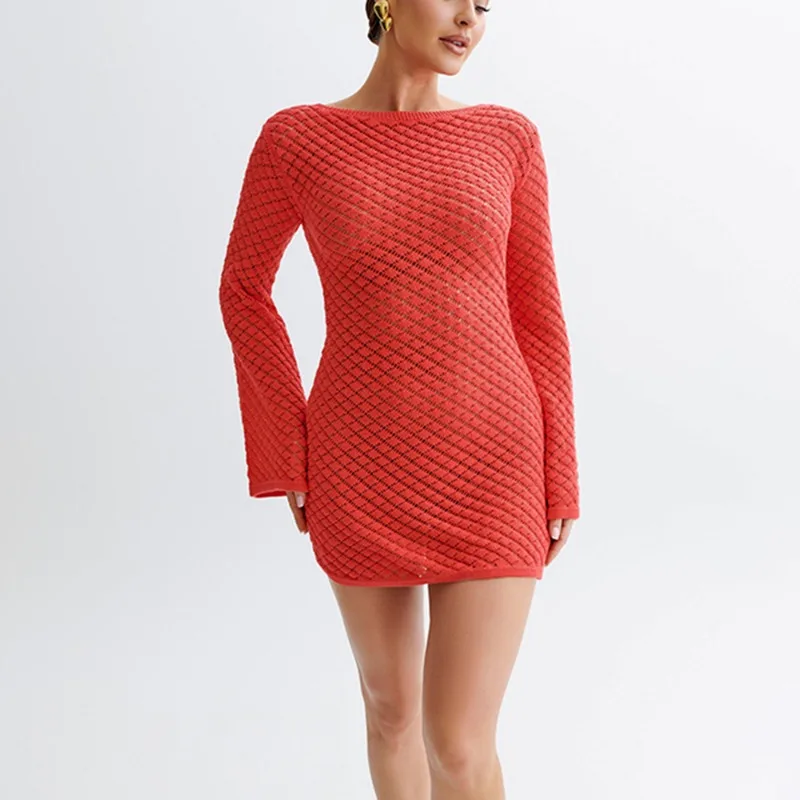 Knitted Hollow Backless Beach Mini Dress - Image 5