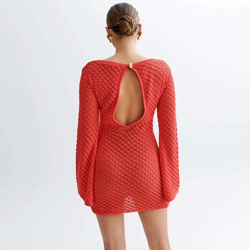 Knitted Hollow Backless Beach Mini Dress - Image 6