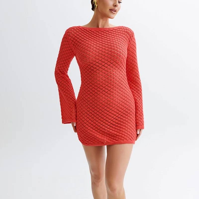 Knitted Hollow Backless Beach Mini Dress - Image 8