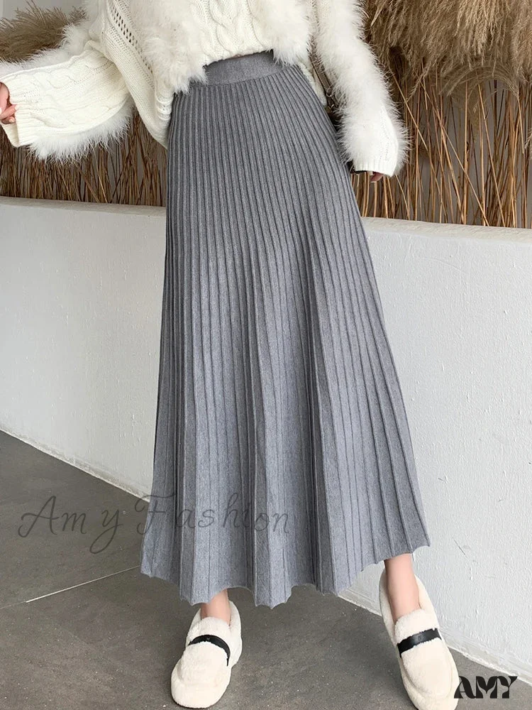 Knitted Long Maxi Casual Solid Thick Warm A-Line High Waist Ankle Length Skirt - Image 10