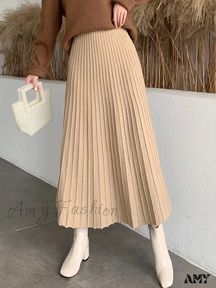 Knitted Long Maxi Casual Solid Thick Warm A-Line High Waist Ankle Length Skirt - Image 11