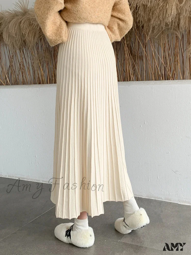 Knitted Long Maxi Casual Solid Thick Warm A-Line High Waist Ankle Length Skirt - Image 2