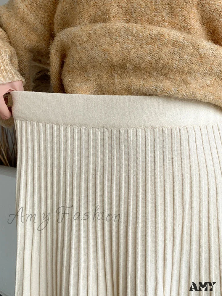 Knitted Long Maxi Casual Solid Thick Warm A-Line High Waist Ankle Length Skirt - Image 3