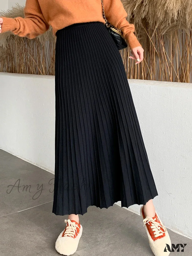 Knitted Long Maxi Casual Solid Thick Warm A-Line High Waist Ankle Length Skirt - Image 8