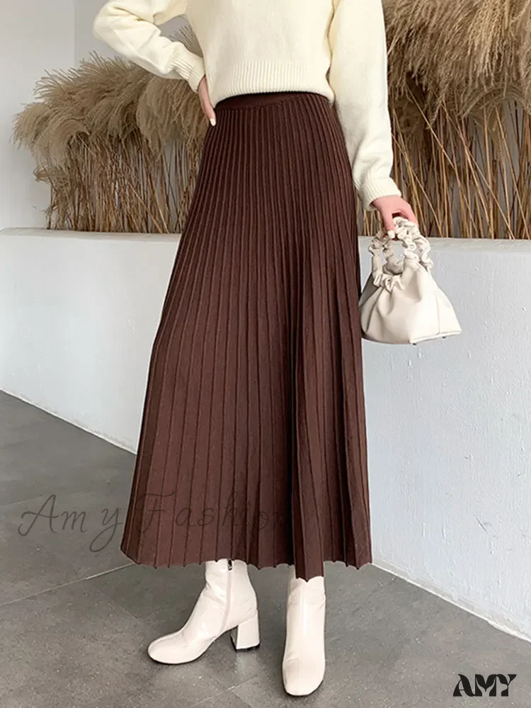 Knitted Long Maxi Casual Solid Thick Warm A-Line High Waist Ankle Length Skirt - Image 9