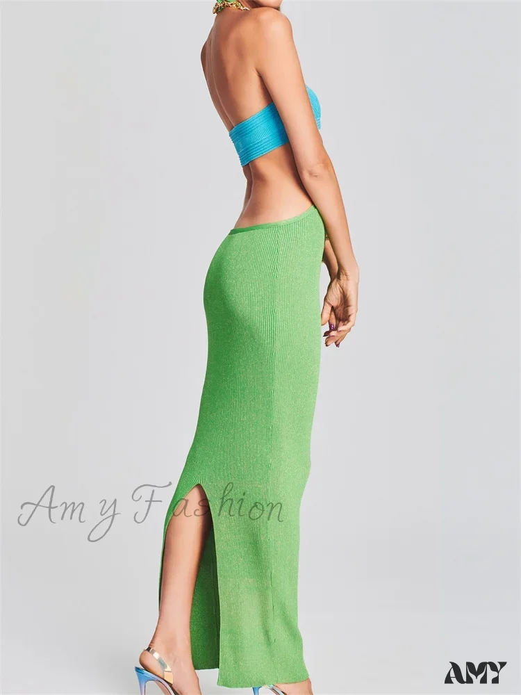 Amy Fashion - Knitted Patchwork  for Women  Halter Lace-up Backless Off Shoulder Hollow Out Summer Vestidos New - Image 2