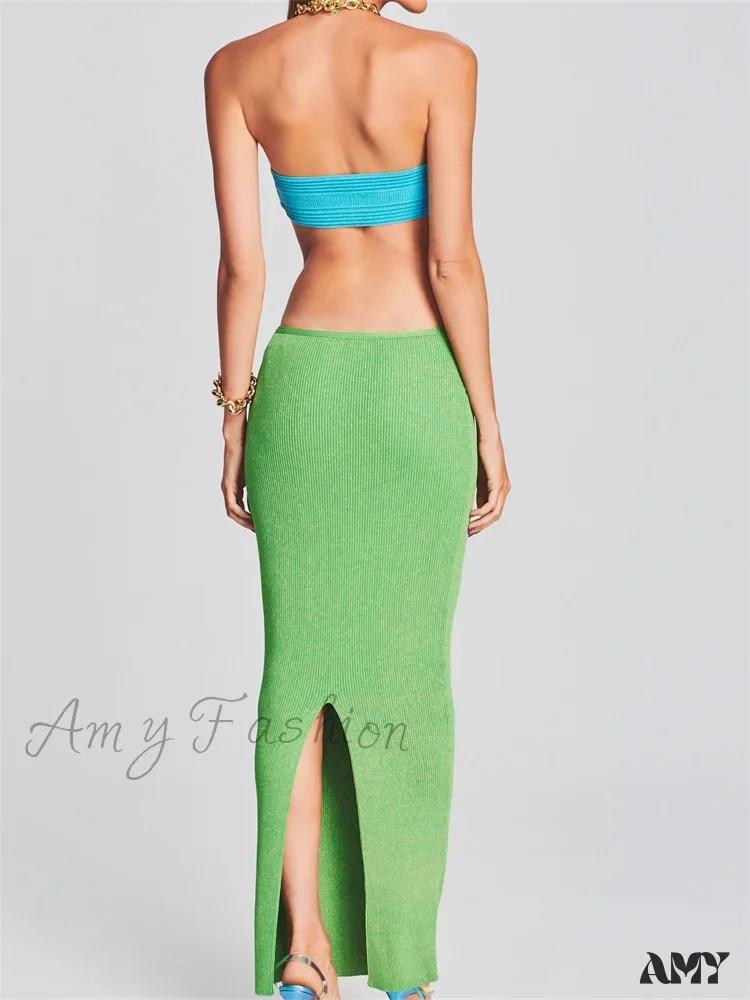 Amy Fashion - Knitted Patchwork  for Women  Halter Lace-up Backless Off Shoulder Hollow Out Summer Vestidos New - Image 3