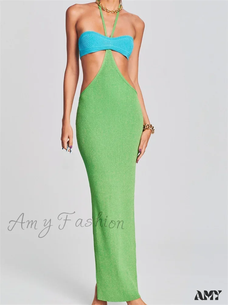 Amy Fashion - Knitted Patchwork  for Women  Halter Lace-up Backless Off Shoulder Hollow Out Summer Vestidos New - Image 5
