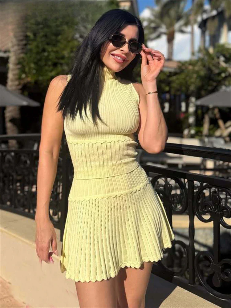 Knitted Pleated Wrap Skirt Two Piece Set - Image 5