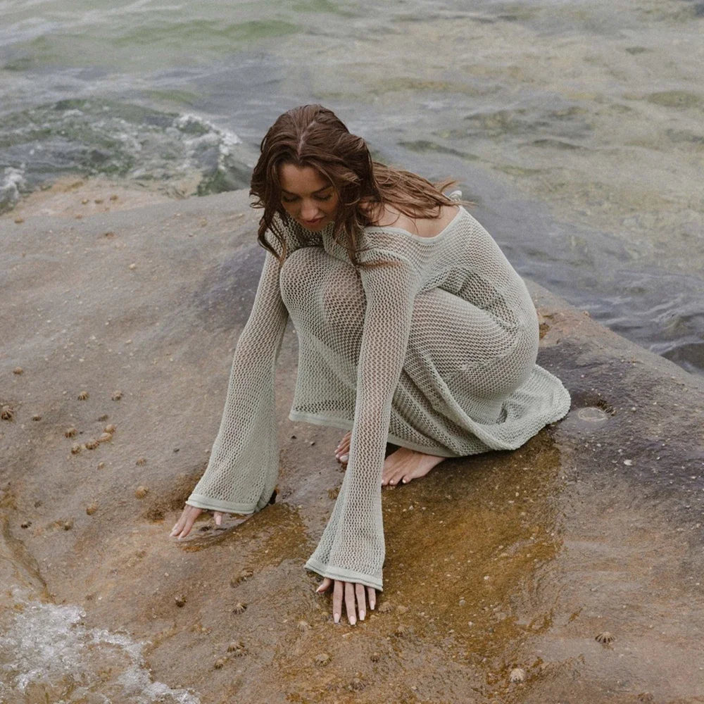 Knitted See-through Solid Vacation Dress - Image 3