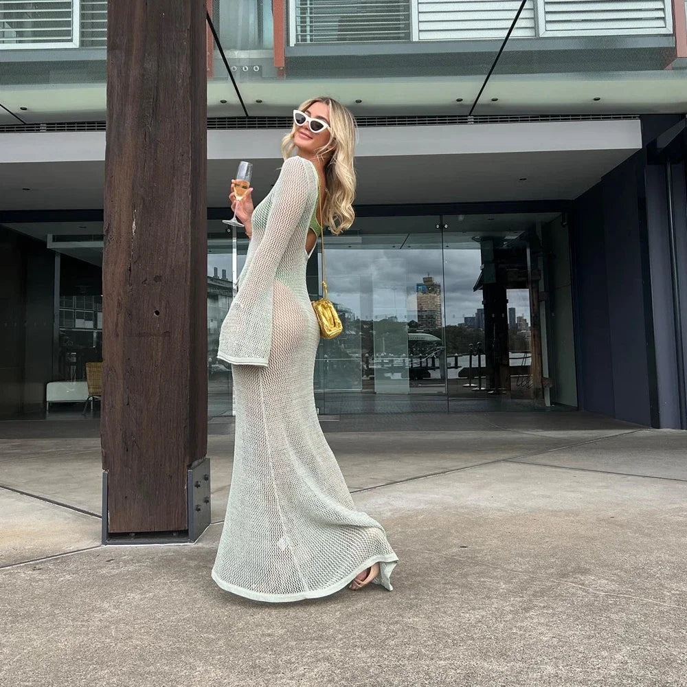Knitted See-through Solid Vacation Dress - Image 4