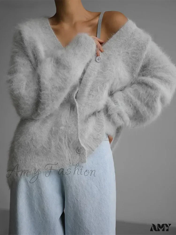 Knitted Thick Cashmere Wool Chic V Neck Single Breasted Long Sleeve Sweater - Image 7