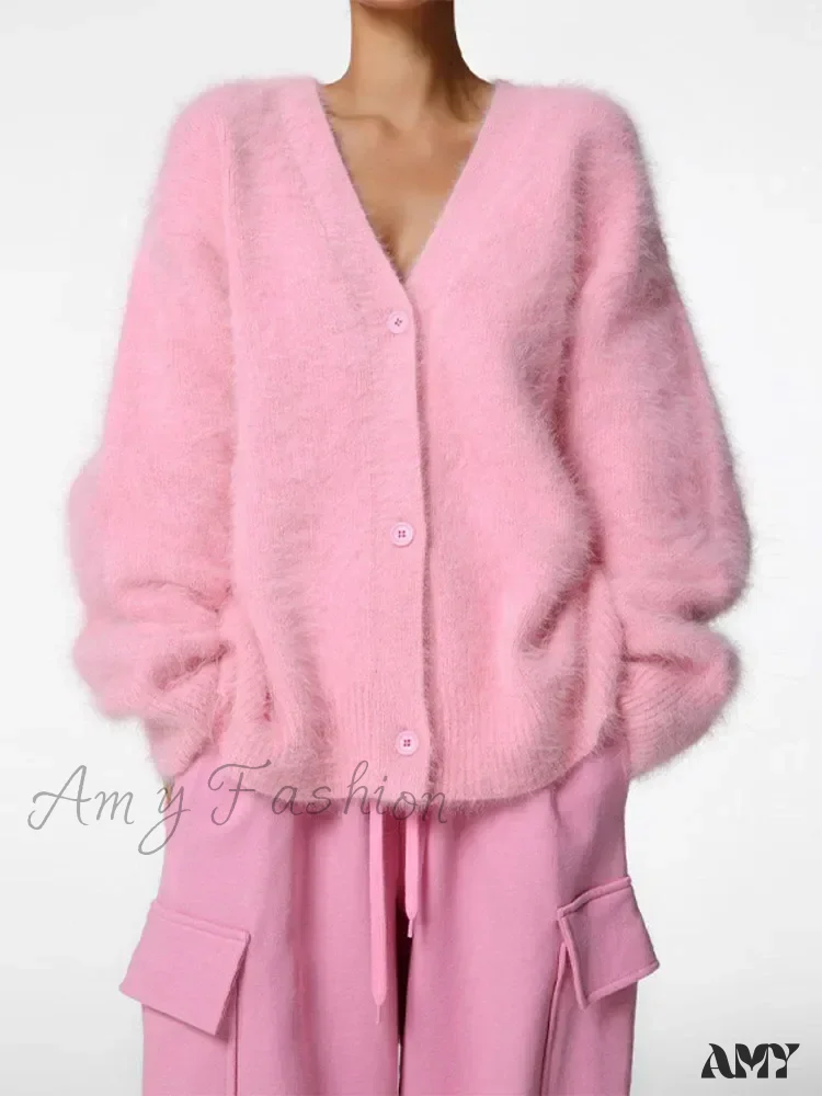Knitted Thick Cashmere Wool Chic V Neck Single Breasted Long Sleeve Sweater - Image 8