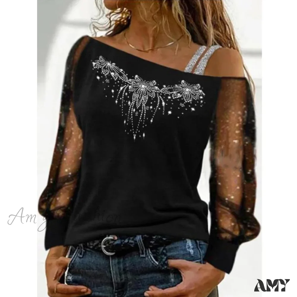 Amy Fashion - Long Sleeves Skew Collar Off Shoulder Patchwork Diamond Lace Blouse - Image 12