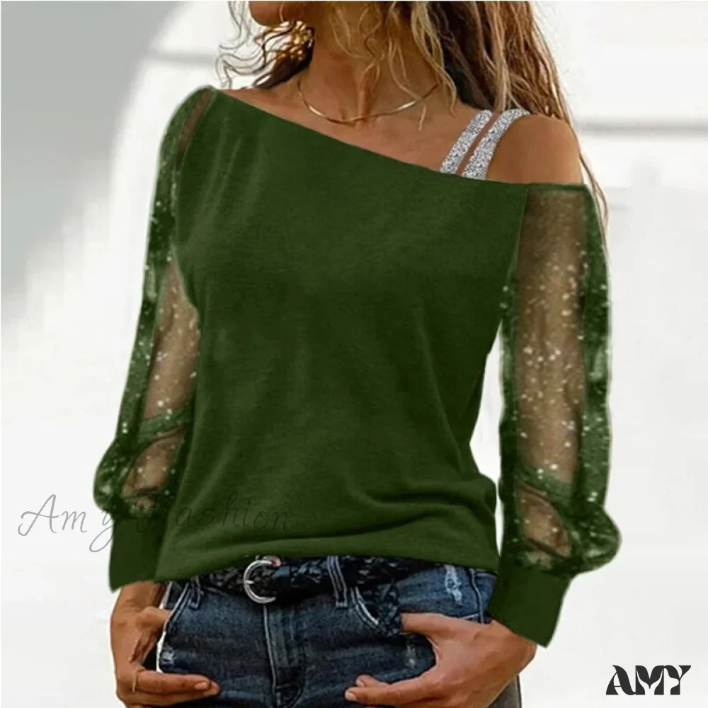 Amy Fashion - Long Sleeves Skew Collar Off Shoulder Patchwork Diamond Lace Blouse - Image 15
