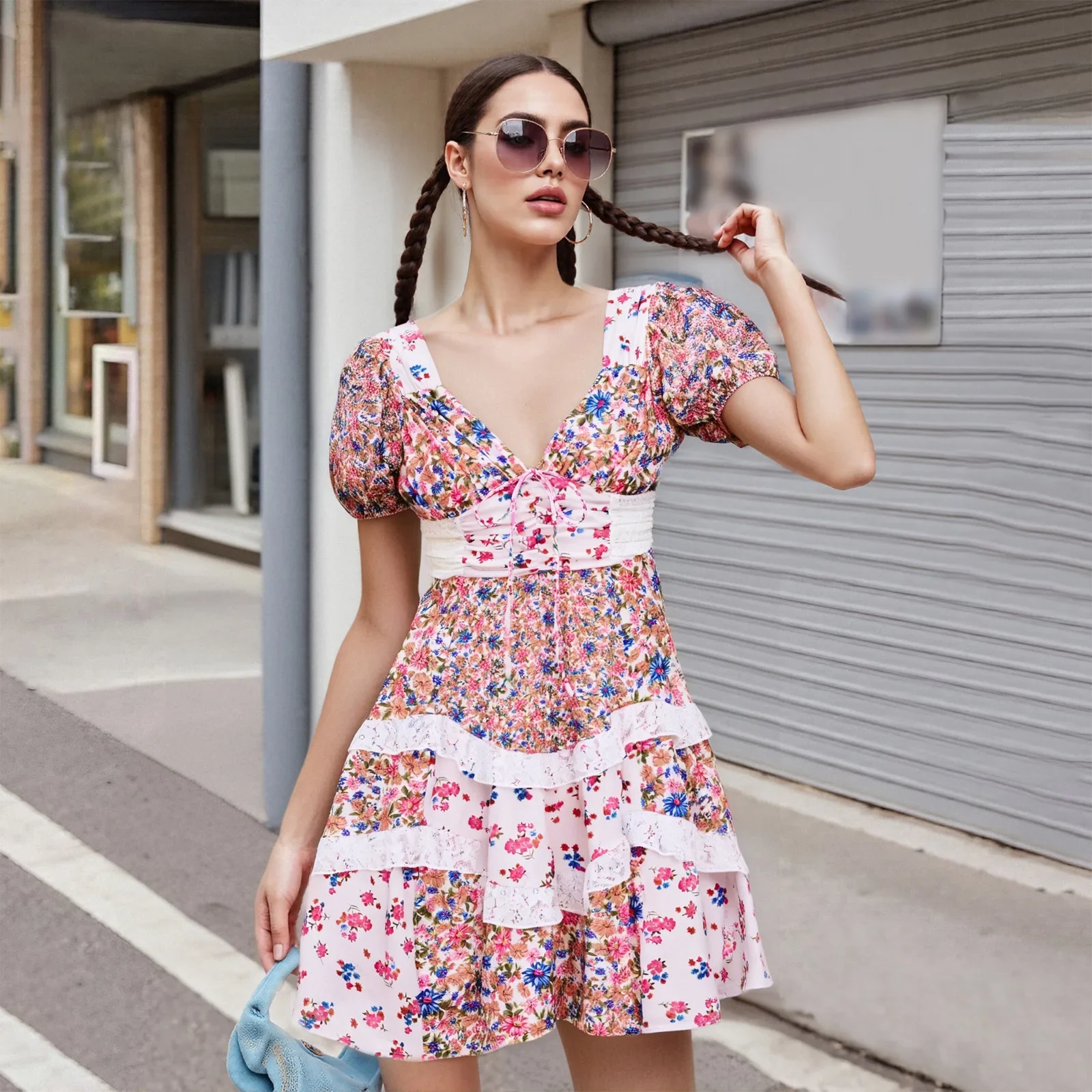 Lace Bow Tie V Neck Floral Mini Dress - Image 2