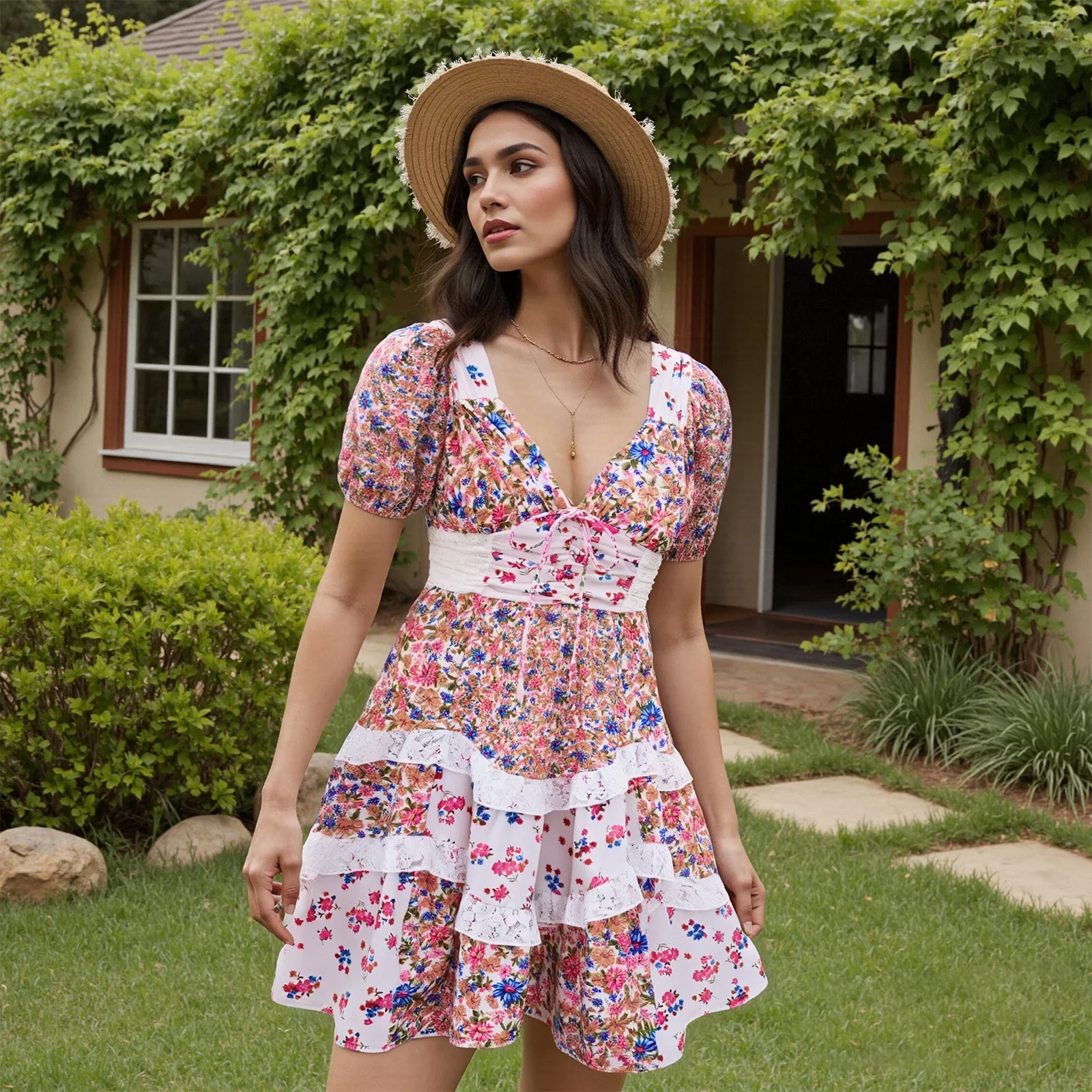 Lace Bow Tie V Neck Floral Mini Dress - Image 3