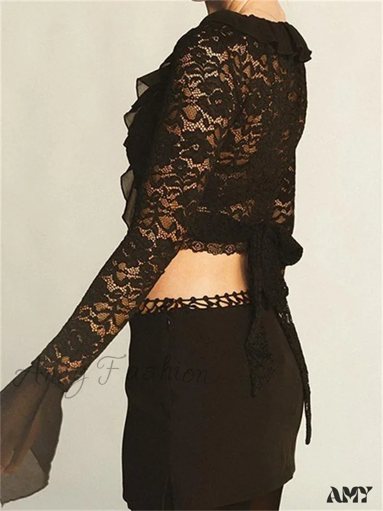 Amy Fashion - Lace Flora Flare Sleeve V Neck Ruffles Mesh Sheer T-shirts - Image 2