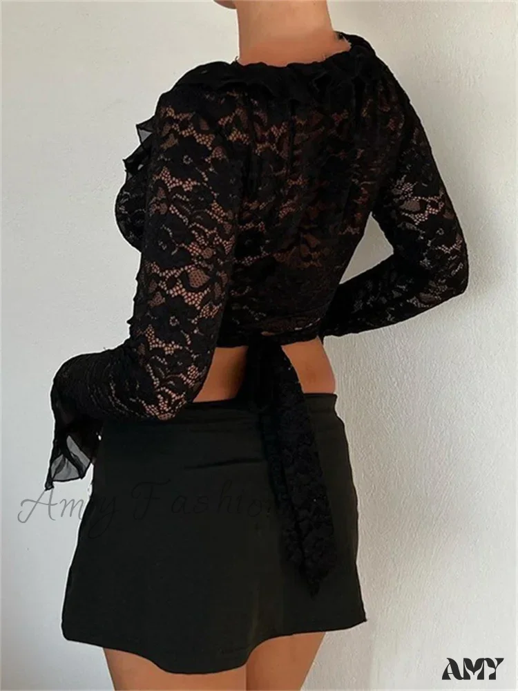Amy Fashion - Lace Flora Flare Sleeve V Neck Ruffles Mesh Sheer T-shirts - Image 4