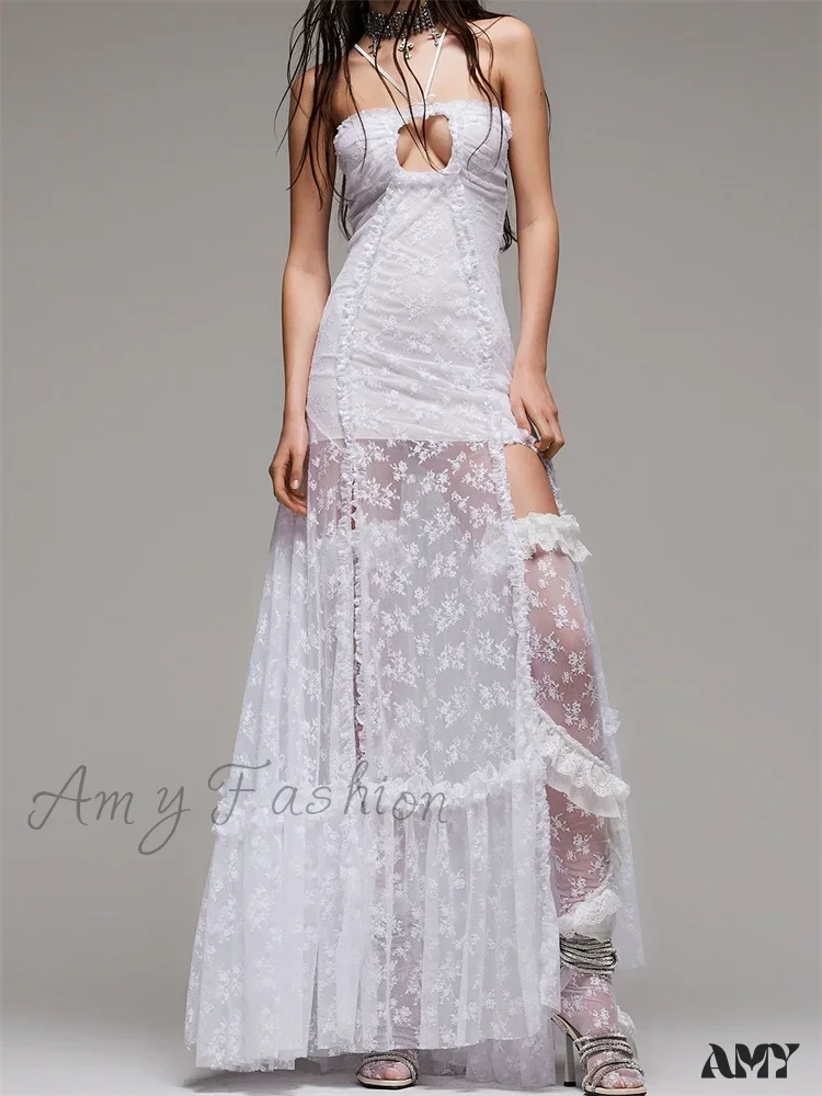 Amy Fashion - Lace Floral Halter Tie-up Off Shoulder  for Women Mesh See Through High Split Hollow Out Vestido