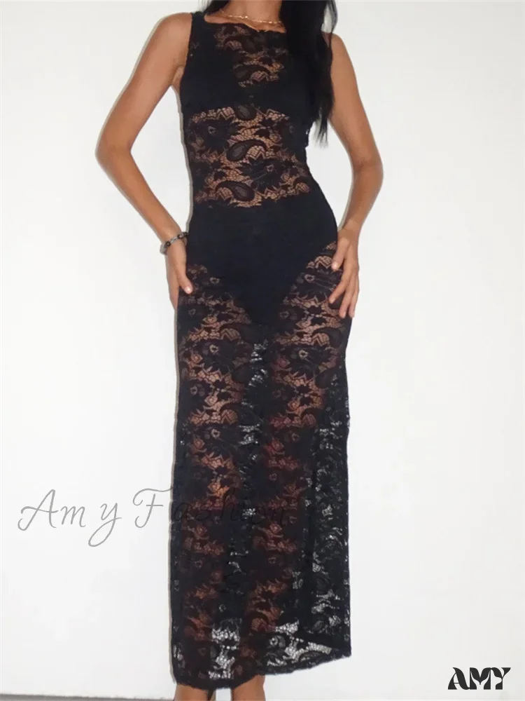 Amy Fashion - Lace Floral Mesh See Through Black for Women Summer Beach Clubwear Sexy Women Backless Tie-up