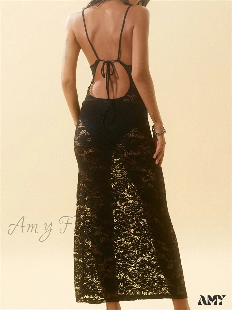 Amy Fashion - Lace Floral Mesh See Through Black for Women Summer Beach Clubwear Sexy Women Backless Tie-up - Image 3