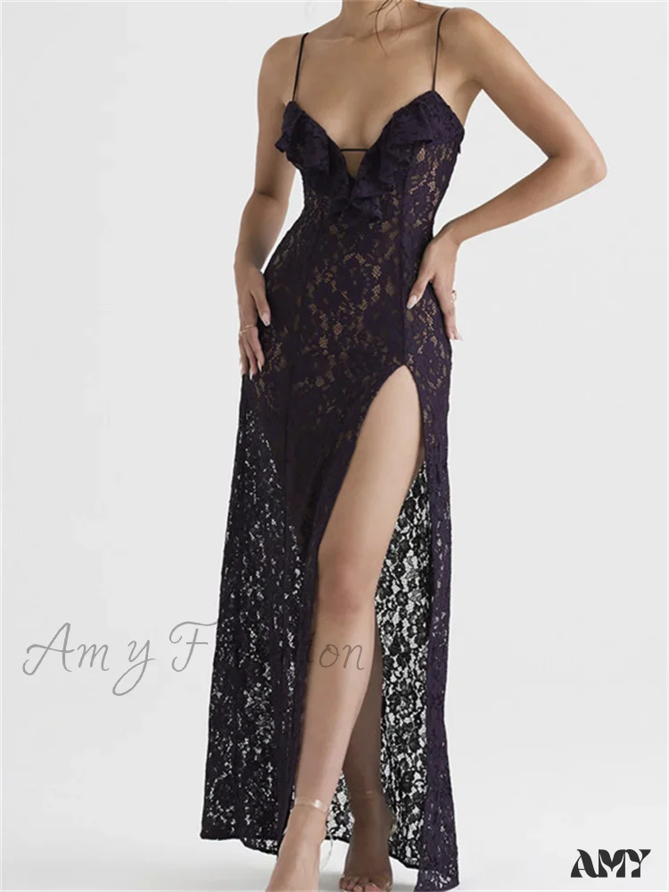 Amy Fashion - Lace Floral See Through  for Women Sexy Sleeveless Strap V-neck Ruffles Patchwork High Split Vestidos - Image 5