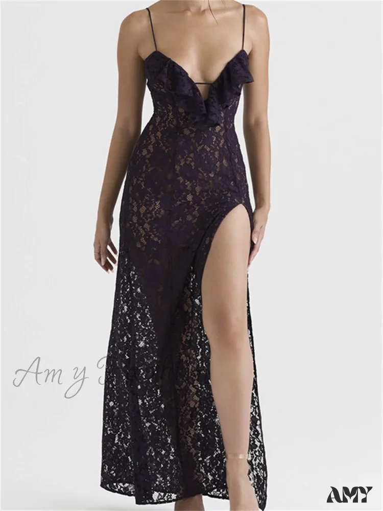 Amy Fashion - Lace Floral See Through  for Women Sexy Sleeveless Strap V-neck Ruffles Patchwork High Split Vestidos - Image 6