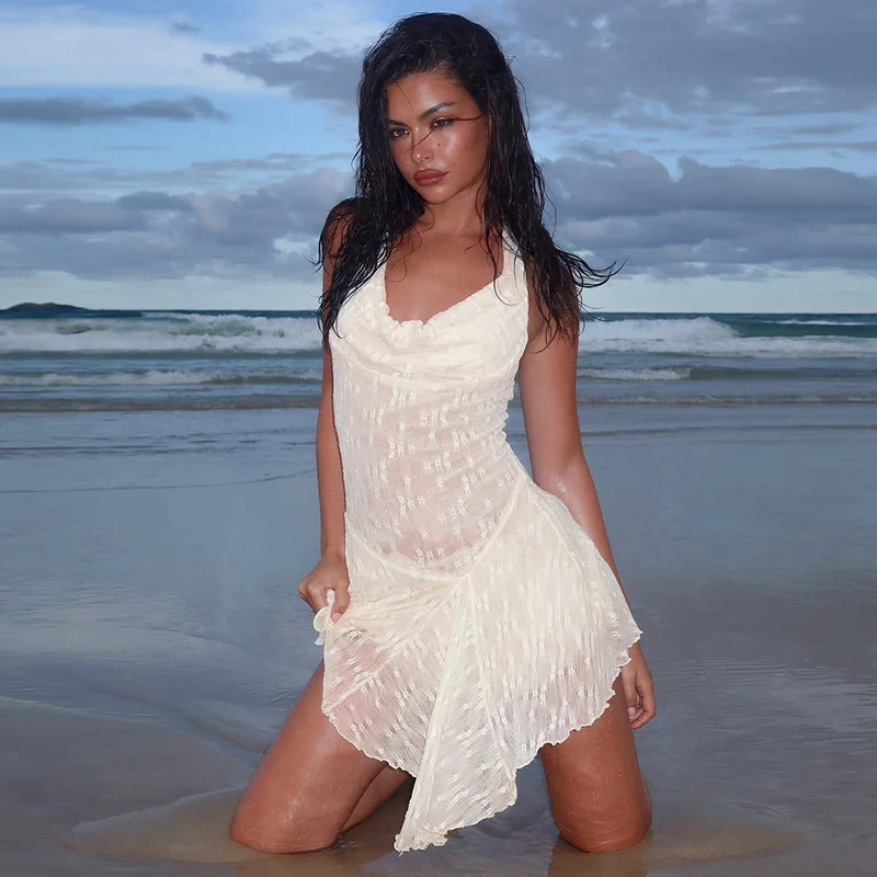 Lace Halter Backless See Through Mini Dress - Image 2