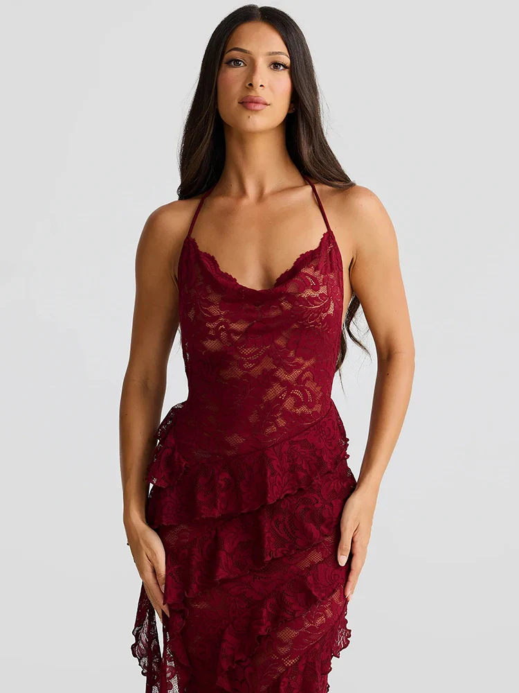 Lace Halter Ruffle Beach Bodycon Dress - Image 2