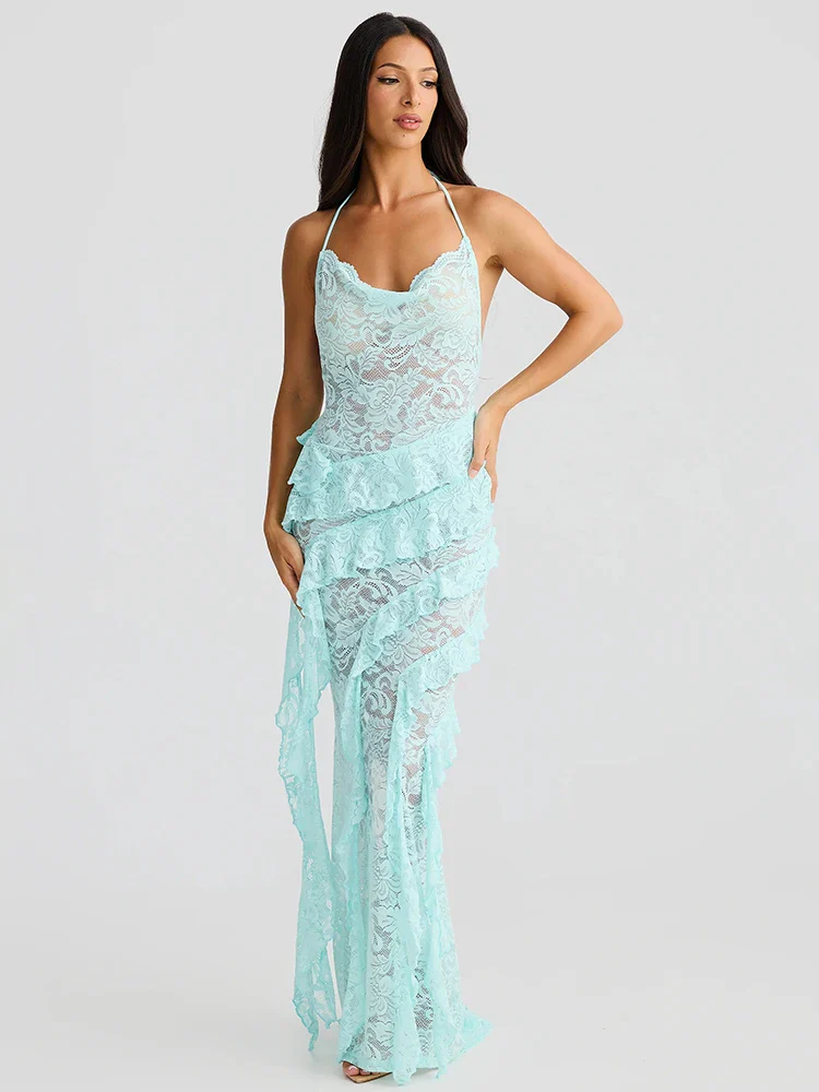Lace Halter Ruffle Beach Bodycon Dress - Image 5