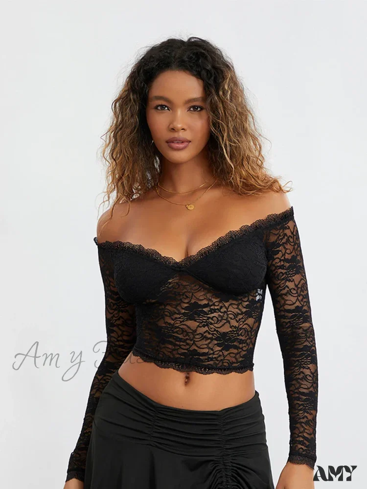 Lace Off Shoulder Long Sleeve Spicy Girl Sexy Soild Crop Top - Image 2