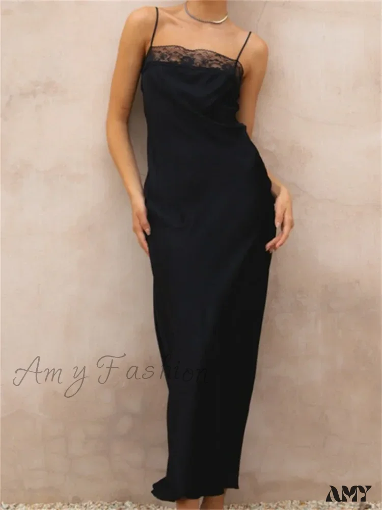 Amy Fashion - Lace Patchwork  for Women Square Neck Sleeveless Strap Black Summer Party  Female Vestidos Clubwear