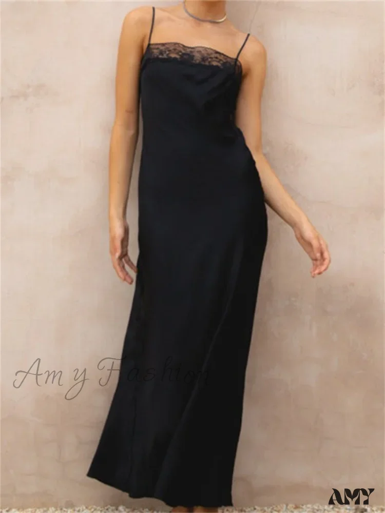 Amy Fashion - Lace Patchwork  for Women Square Neck Sleeveless Strap Black Summer Party  Female Vestidos Clubwear - Image 3