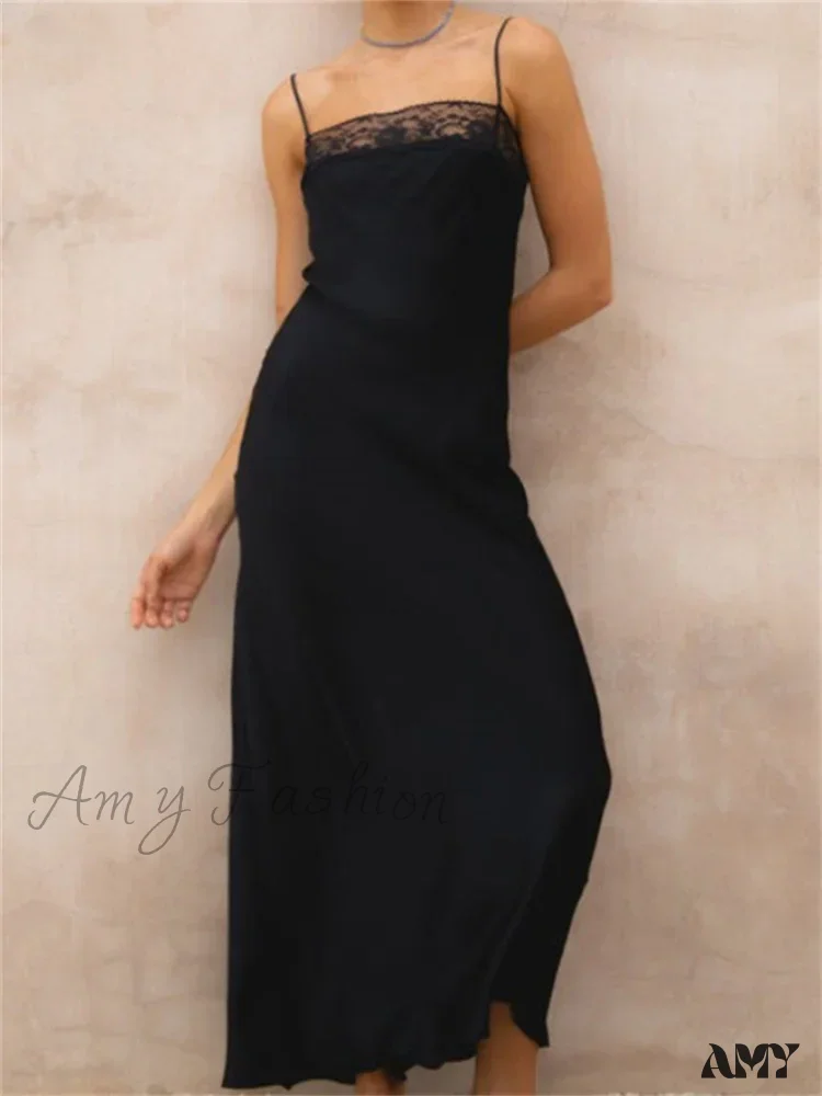Amy Fashion - Lace Patchwork  for Women Square Neck Sleeveless Strap Black Summer Party  Female Vestidos Clubwear - Image 5