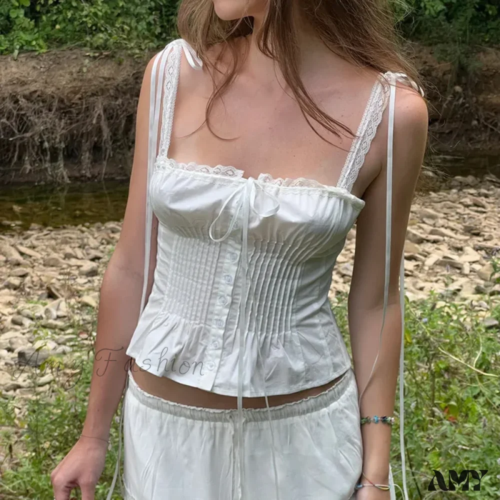 Lace Sexy Strap Skinny Pleated Lace Up Single Breasted Summer Tank Crop Top - Image 2