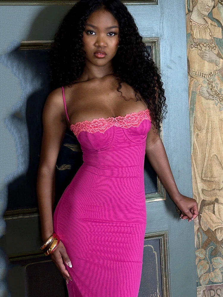 Lace Spaghetti Strap Patchwork Bodycon Dress - Image 6