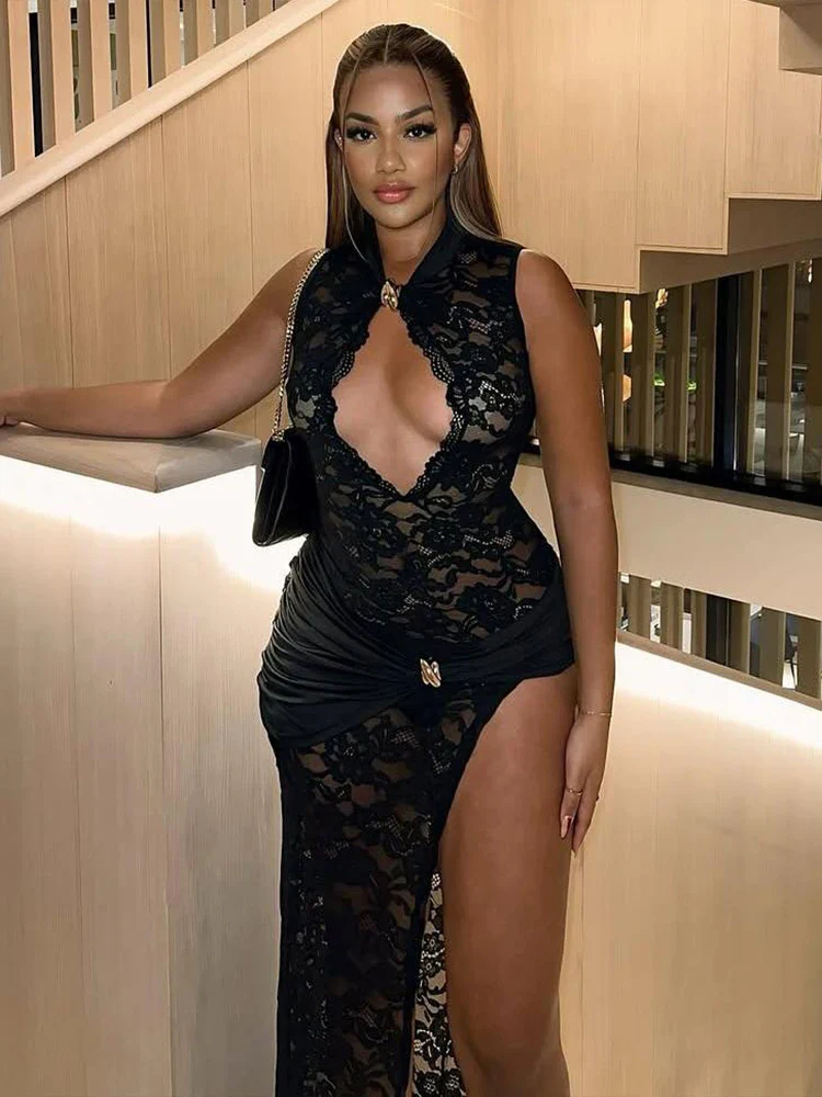 Lace Stretch Graphic Slit Maxi Dress - Image 6