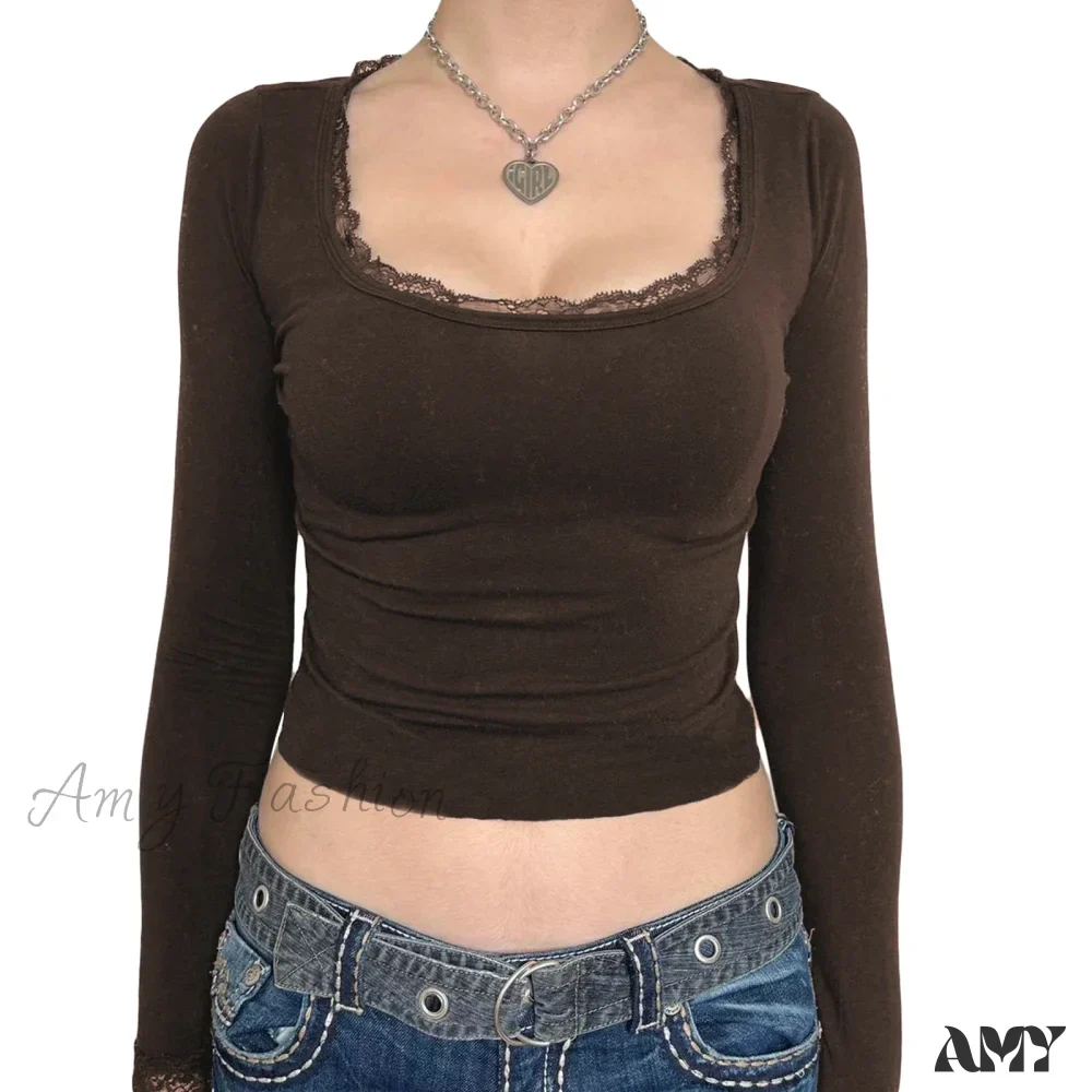 Lace Trim Casual Slim Fit Fairy Grunge Aesthetic Long Sleeve Crop Top - Image 8
