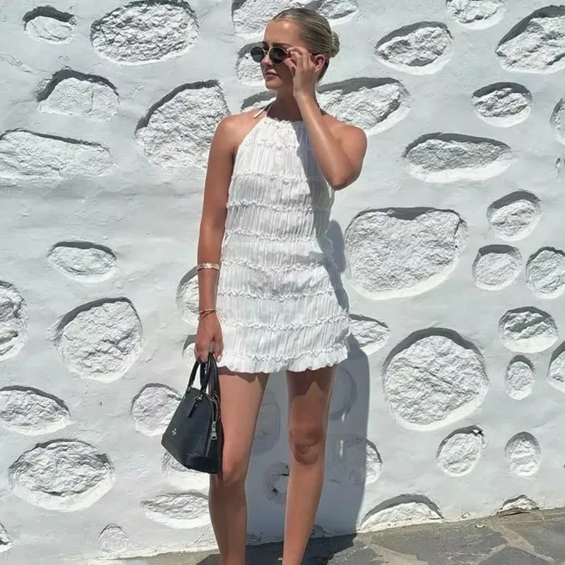 Lace Up Halter Pleated Hip Mini Dress - Image 3