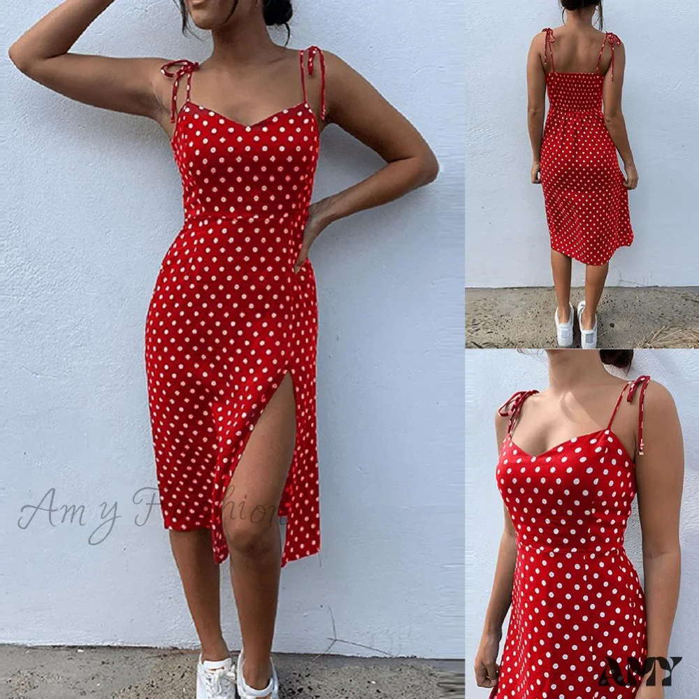 Amy Fashion - Lace Up Polka Dot Split Hem Backless Dress - Image 2