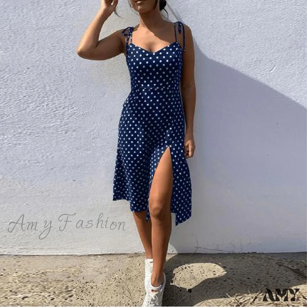 Amy Fashion - Lace Up Polka Dot Split Hem Backless Dress - Image 3
