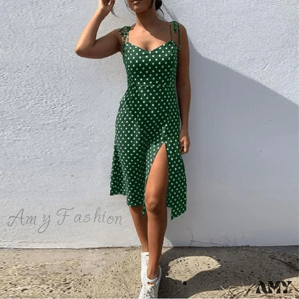 Amy Fashion - Lace Up Polka Dot Split Hem Backless Dress - Image 4