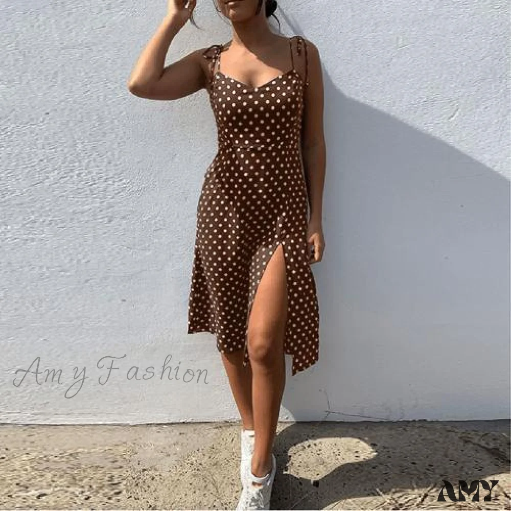 Amy Fashion - Lace Up Polka Dot Split Hem Backless Dress - Image 5
