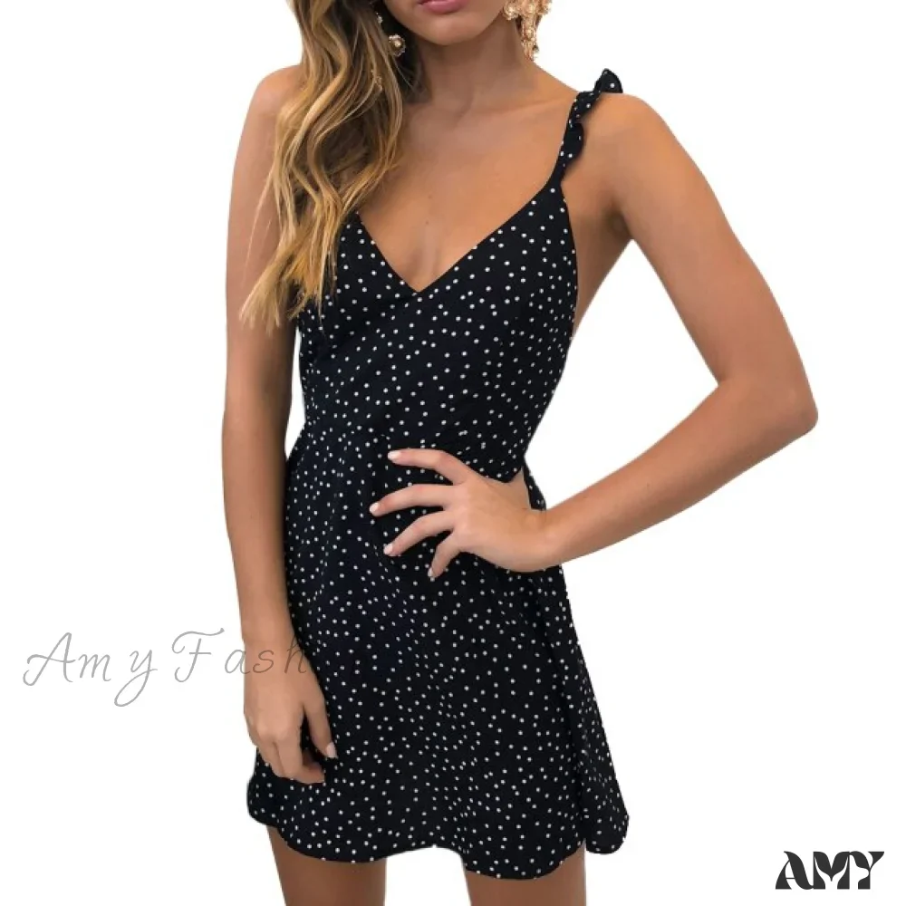 Amy Fashion - Lace Up Polka Dot Split Hem Backless Dress - Image 9