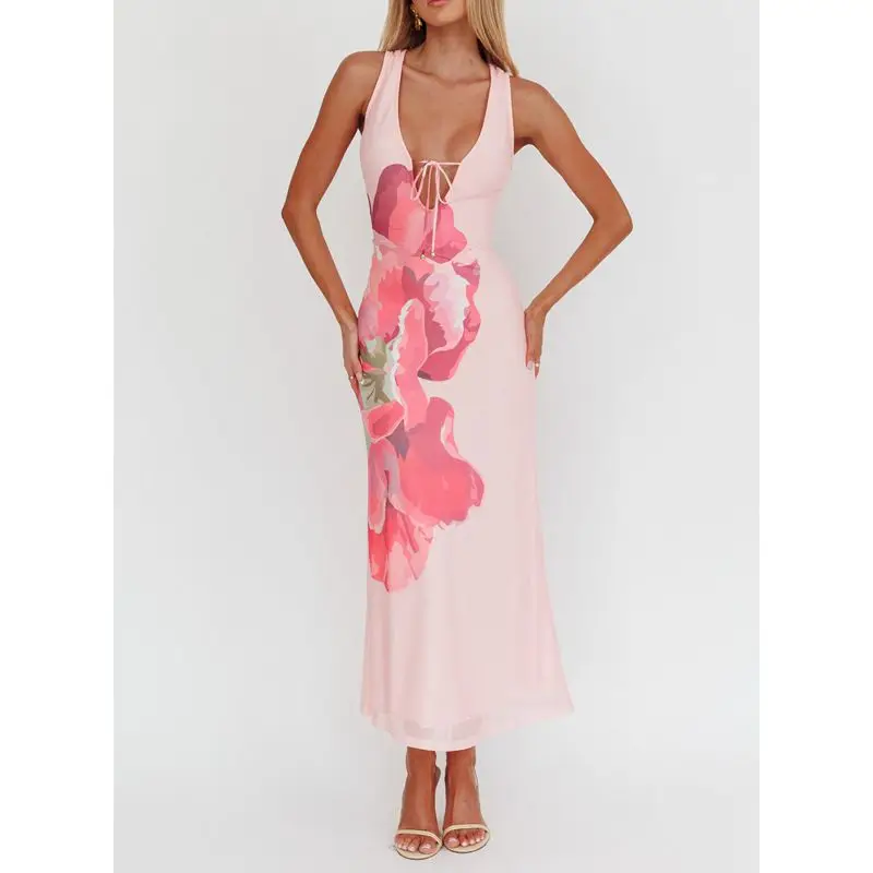 Lace-up Tie-dye Mesh Long Vacation Dress - Image 3