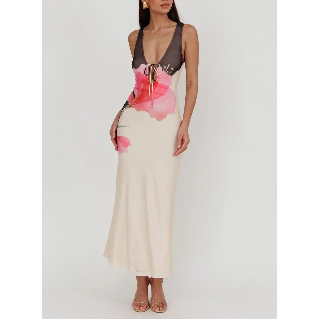Lace-up Tie-dye Mesh Long Vacation Dress - Image 4